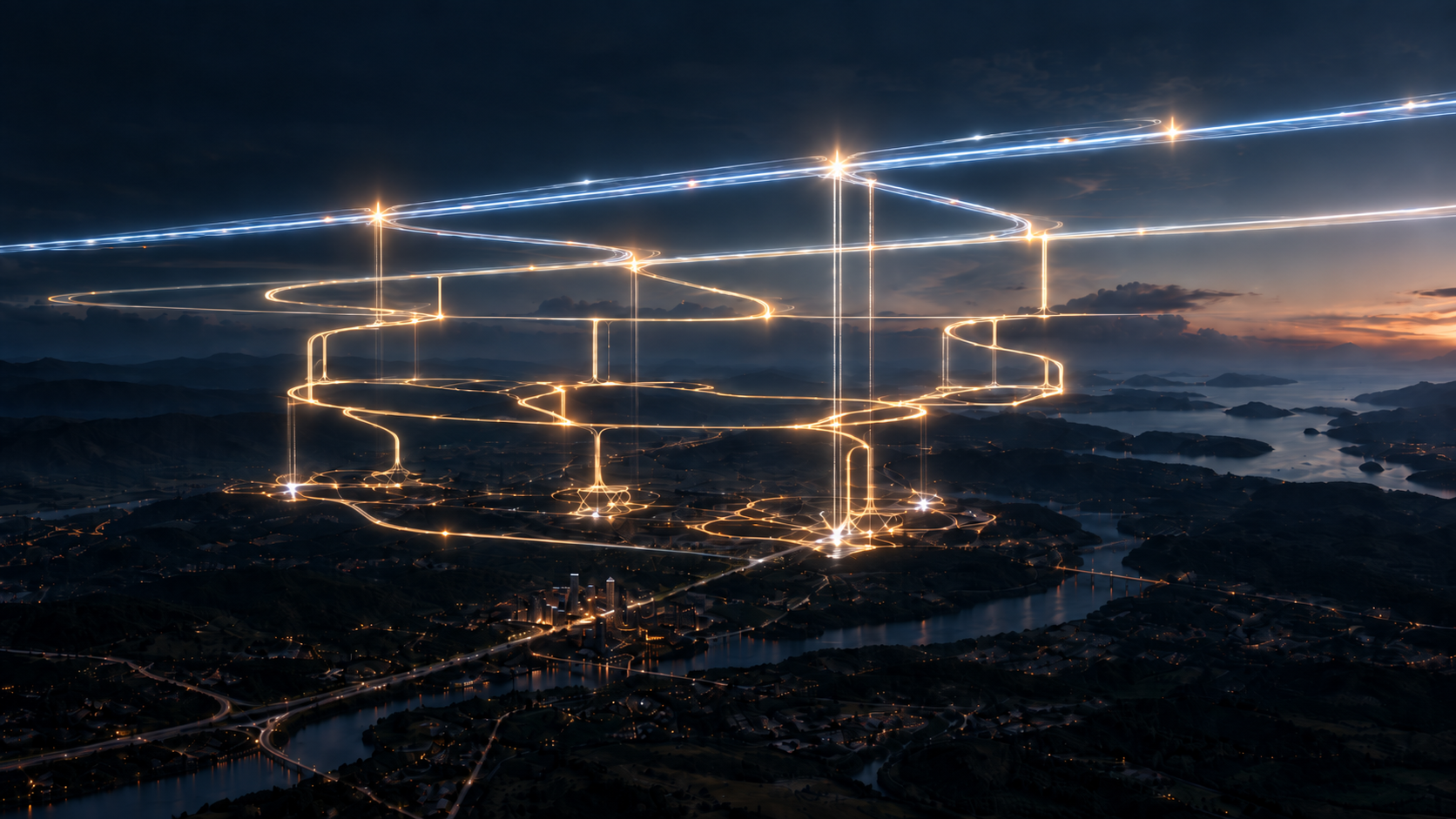 Illustrative aerial network connecting cities across multiple altitude layers